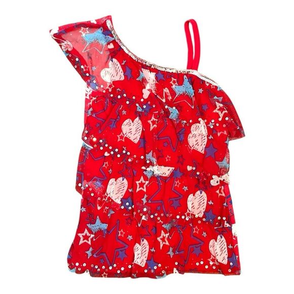Justice Red Tiered Ruffle Sequin One Shoulder Star Print July 4th Tank Top Red 8 - Picture 1 of 9